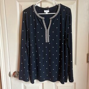 J. Jill Navy Embroidered Polka Dot Blouse
